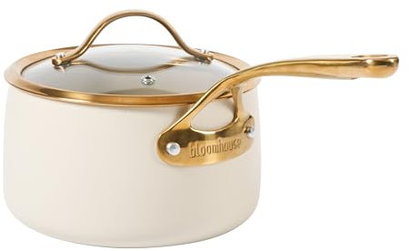 Bloomhouse - Oprah's Favorite Things - 3 Quart Heavy Duty Aluminum Premium PFA Free Ceramic Nonstick Saucepan with Lid - Almond Cream w/Gold Handle