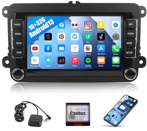 CAMECHO Android 13 2 Din Car Stereo for VW Polo Tiguan Caddy Transporter T5 Golf 5 6 Passat Skoda Octavia Fabia Seat with GPS WiFi, 7 Touch Screen Bluetooth Car Radio with Mirror Link FM RDS 1G+32G