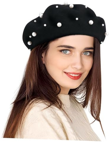 SHERCHPRY Damen Perlen Baskenmütze Herbst Winter Kaschmir-Mischung Schwerer Stil Elegante Wollmütze Beanie Mit Sternenbesatz Einheitsgröße Schwarz Vintage