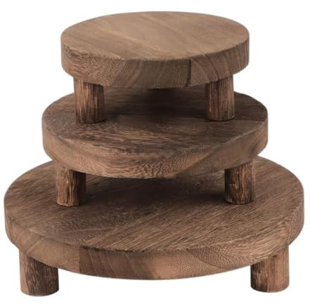 Qianly 3Pcs Round Wood Stool Pedestal Stand Small Planter Tray Multipurpose Rustic Serving Stand for Vases Decorative, Dark Brown
