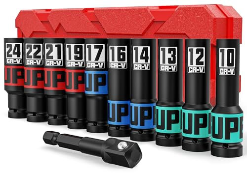 Aurlloct 1/2 Drive Impact Socket Set, 11Pcs Deep Sockets, 10-24 mm Hex Long Socket Set, with 1/4 Hex Shank to 1/2 lmpact Square Drive, Repair Automotive Truck Tractor Engine Maintenance