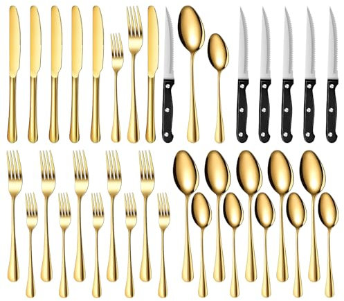 TAN REN Gold Besteck Set 6 Personen, 36-teiliges Edelstahl Besteckset mit Steakmesser, Elegantes Essbesteck Set mit Messer Gabel Löffel, Cutlery Set für Küche/Restaurant