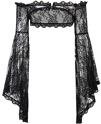 DINGJIUYAN Goth Sexy Vintage Tops Women Off Shoulder Sheer Lace Overlays Y2K Cosplay Cover-ups Coat Flare Long Sleeve Grunge Tops