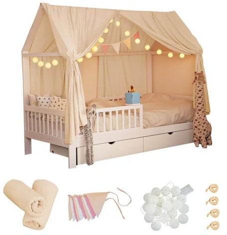 Home Deluxe - Kinderbett Deko Set VELINDO - Farbe: Creme, inkl. Wimpelkette, Vorhang und LED Lichterkette I Kinderbett Deko, Kinderzimmer Dekoration
