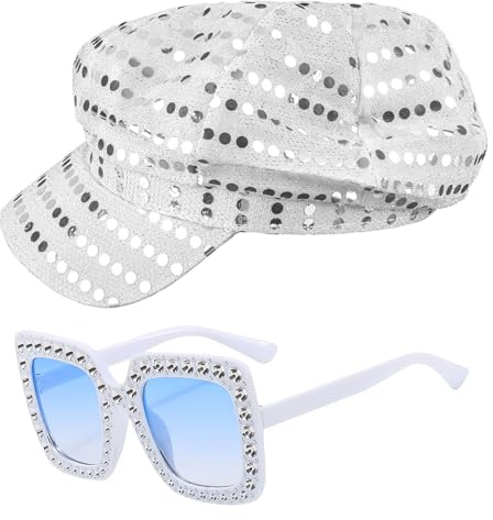 GWAWG Glitzer Pailletten Hut Bling Sonnenbrille Set für Frauen Disco 70er Jahre Zubehör Retro Pop Star Kostüm Hut Hippie Vintage Diva Outfit für Geburtstag Halloween Fasching Party Zubehör