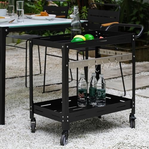 casa.pro Outdoor Serving Trolley Bard Garden Trolley with 2 Shelves Steel Indoor 72 x 77 x 38 cm Barbecue Trolley with 5 Hooks Wheels with Parking Brakes Black