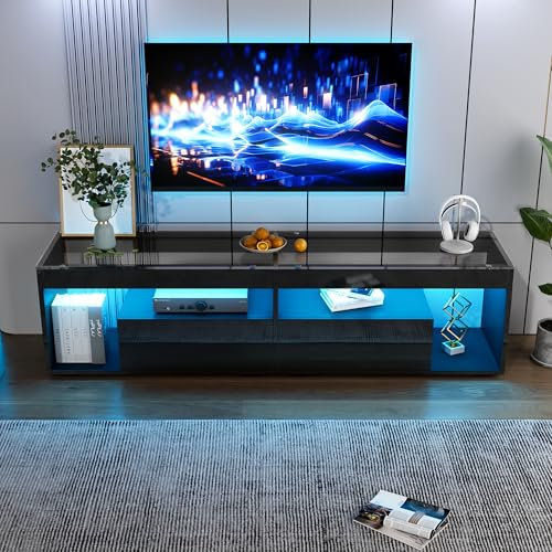 Jaxenor 180cm Hochglanz TV Schrank mit 2 Schubladen, TV Board mit Stauraum, Fernsehschrank mit LED-Beleuchtung, Fernseher Schrank für 70-Zoll-Fernseher, Konsolentisch, Schwarz