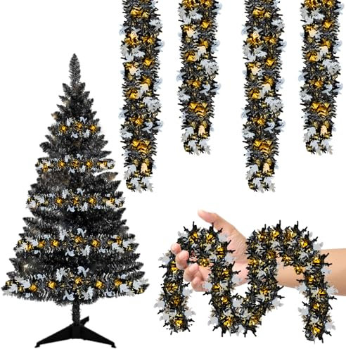 Halloween Deko Girlande, 5M Halloween Lametta Glänzende Metallic Girlande mit 50 LED Beleuchtung, Hängend Glitter Lametta Kürbis Fledermaus Girlande für Halloween Deko Innen Party Deko (Geist)