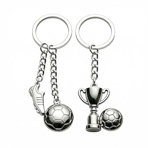 NZNSML 2 Stück Schlüsselanhänger Fußball Silber Schlüsselanhänger Jungs | Schlüsselanhänger Fussball Metall Keychain Anhänger Kinder Jungen Geschenke für Fußballfans Trainer Männer Frauen Vater