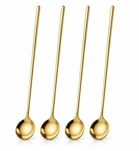 Long Handle Latte Spoons Set of 4 Gold 9.4 Iced Tea Coffee Stirring Spoons | 9.4 Length, 304 Stainless Steel Gold Finish, Rust-Resistant, Dishwasher Safe, Fits Tall Latte Glasses & Deep Mugs, Set of 4