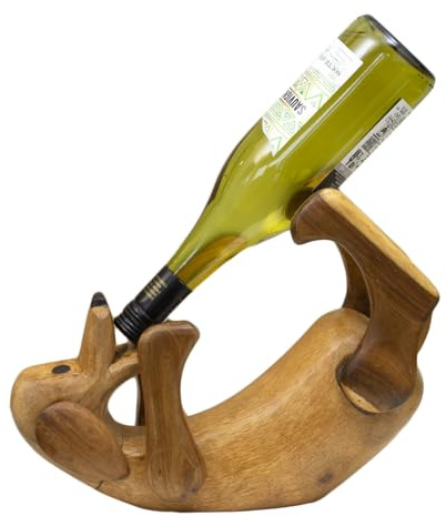 Darthome Drunken Dog Single Wine Bottle Holder, Rustic Wooden Champagne Holder, Hand Carved Solid Wood, Natural Brown Finish, Novelty Gift Decor, 35x26x11cm