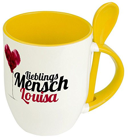 printplanet Löffeltasse mit Namen Louisa - Motiv Lieblingsmensch - Namenstasse, Kaffeebecher, Mug, Becher, Kaffeetasse - Farbe Gelb