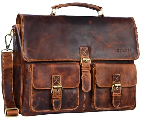 STILORD Victor Vintage Aktentasche Herren Leder Moderne Businesstasche für große A4 Aktenordner XL Umhängetasche 15.6 Zoll mit Dreifachtrenner aus echtem Leder Farbe:Kara - Cognac