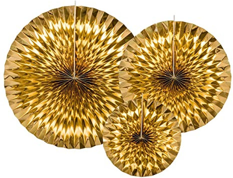 PartyDeco Dekorative Rosetten, Deko-Fächer Spiegelfolie (1 VPE / 3 STK Gold