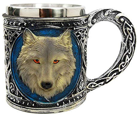 Taisuko Alpha Gris Loup Celtique Tribal Magic résine 18,6 oz Mug avec Jante en Acier Inoxydable Figurine café chope à bière (550ml/18,6 oz)
