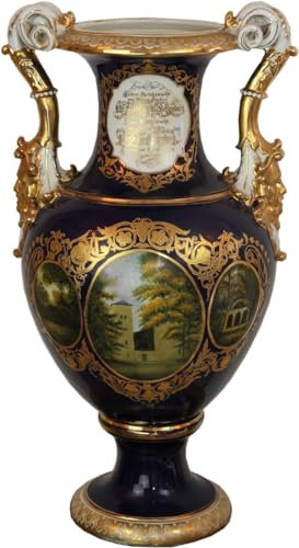 Casa Padrino Barock Vase Blau/Gold/Weiß 34 x 29 x H. 58,5 cm - Prunkvolle Porzellan Vase mit 2 Griffen