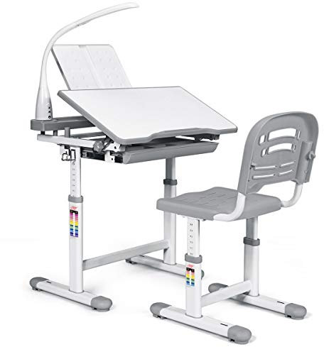 COSTWAY Kinderschreibtisch höhenverstellbar, Schülerschreibtisch mit Lampe, Kindermöbel neigungsverstellbar, Kindertisch mit Stuhl, Schreibtisch mit Schublade, Farbewahl (Grau)