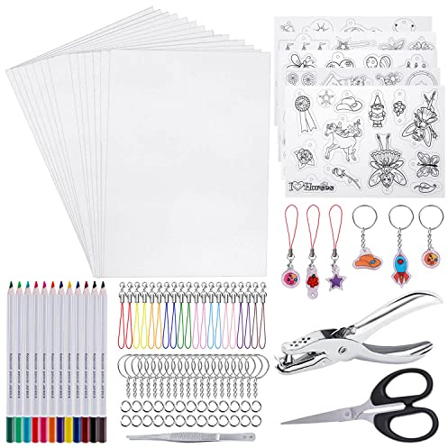 shynek Shrinky Film Sheets for Shrink Art, 125Pcs Shrinky Plastic Keychain Kit Including 20 Pcs Shrinky Paper, Hole Punch, Pencils, Keychains, Tweezers, Scissors for Crafts and Keychains