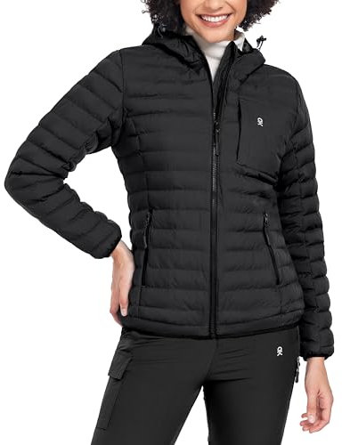 Little Donkey Andy Damen warme wasserdichte Pufferjacke mit Kapuze Winddichter Wintermantel mit recycelter Skijacke Upgrade Schwarz XL