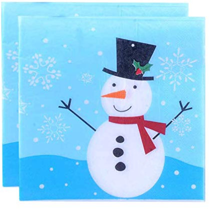 Cabilock Abendessenservietten 60Pcs Weihnachtsschneemann Bedruckte Papierserviette Weihnachtsfeierbedarf (Blau) Weihnachtliche Tischdekoration