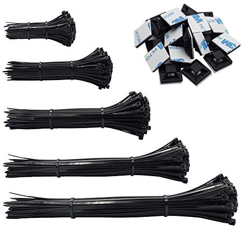 Cable Ties, 500 Pack Heavy Duty Self-Locking Black Nylon Zip Ties, with 50PCS Adhesive Mounts Base Holders, Tie Wraps for Home, Office, Garden, Assorted Sizes 100mm, 150mm, 200mm, 250mm, 300mm