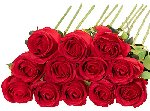 Floralsecret 12 Pcs Artificial Roses Flowers Silk Flower Bouquet Fake Single Stem with Long Stem for Home Wedding Party Garden Decoration (Red)