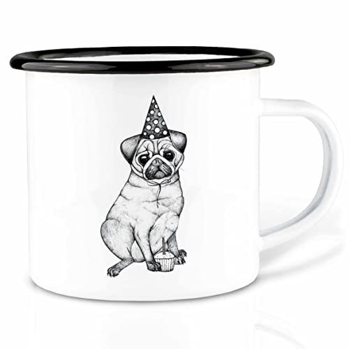 Ligarti Emaille Tasse (leicht & robust) | Camping Becher handveredelt in Deutschland | Trinkbecher für Kinder, Kaffeetasse, Emaillebecher | Mops, Hund, Geburtstag