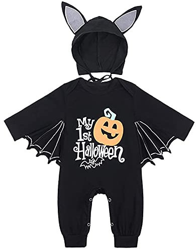 LNL Costume d'Halloween Chauve-Souris Bébé avec Chapeau à Grandes Oreilles Motif Citrouille Barboteuse Unisexe 12-18 Mois