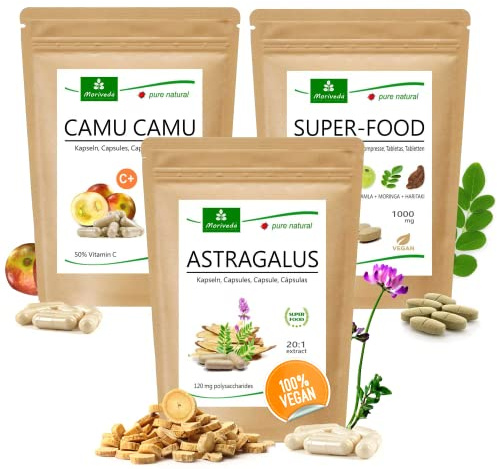 MoriVeda® Immunsystem Produktpaket | Superfood Tabletten, Astragalus Kapseln, Camu Camu Kapseln | Vitamin C, Antioxidantien, Mikronährstoffe, Polysaccharide, Withanolide | Vegan