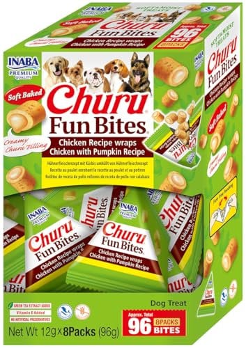 INABA Churu Fun Bites Hundeleckerli ohne Getreide, ohne Zucker, Keine Nebenerzeugnisse, hochwertige Zutaten, besten Hundeleckerbissen als Belohnung mit Huhn & Kürbis 96 g (1er Pack)