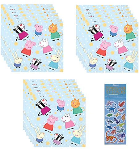 Peppa Pig Partyzubehör-Set enthält 48 Lunch-Servietten und 1 Dinosaurier-Aufkleberbogen