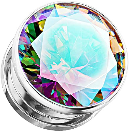 Piercingfaktor Ohr Plug Edelstahl Flesh Tunnel Piercing Ohrpiercing Schraubverschluß mit großen Rainbow Kristall Zirkonia Stein 4mm Silber Rainbow