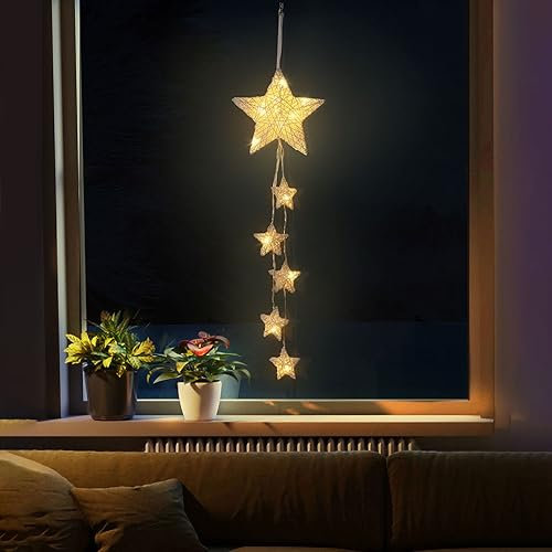 Lewondr Hängelampe, Rattan Sternform Lichterketten Innen Dekorative Lichter Fenster Licht Batteriebetriebene Stern Lichter für Kinderzimmer Schlafzimmer Party Dekoration mit Timer Funktion, Weiß