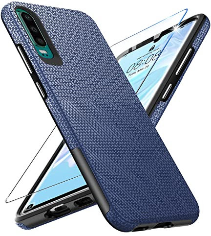 Custodia per Huawei P30, con pellicola protettiva in vetro temperato, per P30, antiurto, antigraffio, antiscivolo, in silicone per Huawei P30 (blu)