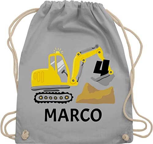 Turnbeutel Rucksack - 4. Geburtstag - Bagger Name zum Vierten - Unisize - Hellgrau - kindergarten kinder 4 jahre 4.geburtstag beutel stoffbeutel sportbeutel turnsackerl kinderturnbeutel stoffsackerl