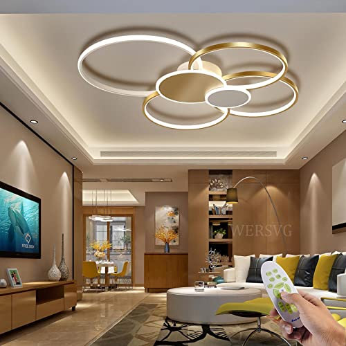 WERSVG L80cm Modern LED Deckenleuchte Wohnzimmer Deckenlampe gold 6-Ring Deckenleuchte 70W 5600LM Dimmbar 3500K - 6500KMit Fernbedienung flurlampe decke, für Wohnzimmer Schlafzimmer Küche Esszimmer