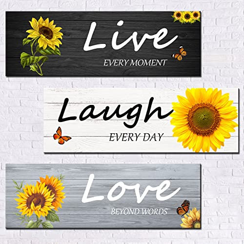 3 Stück Bauernhaus-Wanddekoration Live Laugh Love Wandkunst Holz inspirierende hängende Schilder rustikale Sonnenblume Vintage Wanddekoration für Zuhause Küche Schlafzimmer Badezimmer Wohnzimmer