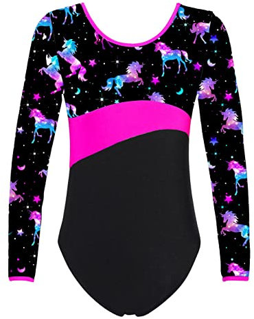 iEFiEL Kinder Mädchen Turnanzug Langarm Gymnastikanzug Glitzer Ballett Trikot Tanzkleidung Trainingsanzug Leotard Sportanzug X Schwarz + Rot 122-128
