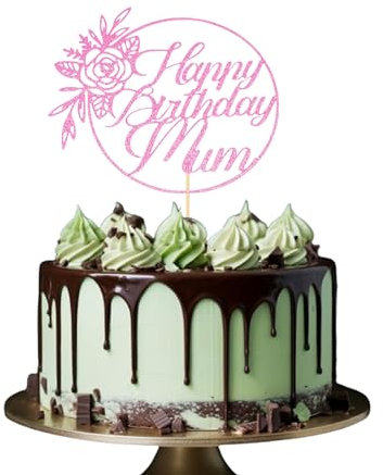 Happy Birthday Mum Cake Topper DOUBLE SIDED Glitter Card Party Decoration Cake Toppers (BABY PINK)