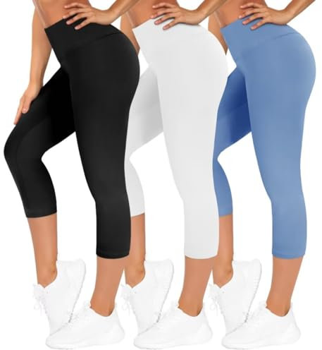 TNNZEET 3er Pack Capri Leggings Damen 3/4 für Sport, 7/8 Leggins High Waist Hose Sporthose für Gym Yoga(Hellblau/Schwarz/Weiß,S-M)