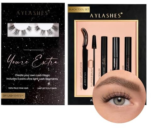 AYLASHES - DIY Wimpernextensions Starter Set YOURE EXTRA | 5 Paar Wimpern, Applikator, Wimpernkleber, Top Coat Sealer schwarz, Lash Remover | Wimpern DIY Set für zu Hause | bis zu 7 Tage Halt