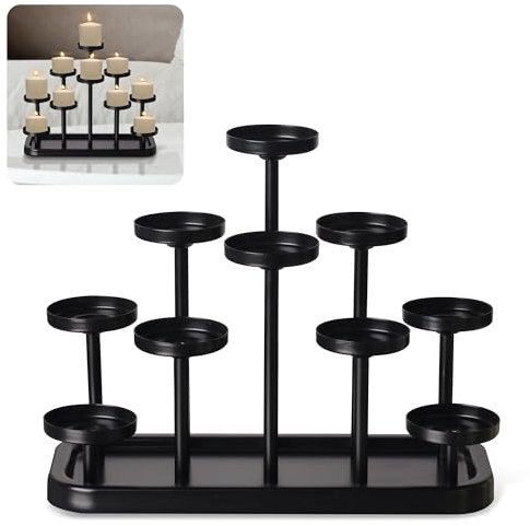 yucanucax 10arm-Teekerzenhalter aus Metall, schwarz, Kerzenhalter, Kerzenhalter, Set mit 10 Stück, für Esszimmer, Tischdekoration, dekoratives Tablett