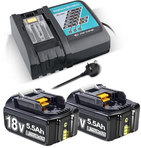 2 x 18 V 5.5 Ah Replacement Battery for BL1860, BL1850, BL1840, BL1830, BL1820 LXT400 DC18RC Compatible Charger