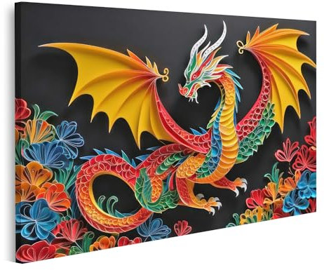 islandburner Tableau sur toile Dragon chinois traditionnel Coupe papier Symbole noir Année Photos murales Poster