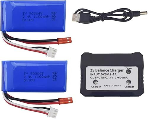 YUNIQUE GREEN-CLEAN-POWER - Kit de 2 Batteries LiPo 7.4V 1100mAh avec Chargeur | Compatibilité Universelle WLtoys A949, A959, A979, K929 | Haute Capacité, Bleu