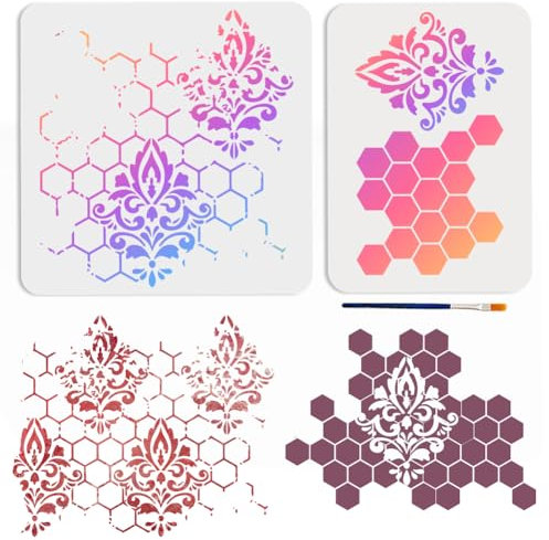 MAYJOYDIY 2 Stück Waben Retro Muster Schablonen 29.7 × 21/30 × 30cm Wiederverwendbare Mandala Wabenmuster Vorlage Mit Pinsel Für Holzmöbel Heimwerkerarbeiten Basteln Wände Leinwand Stoffe