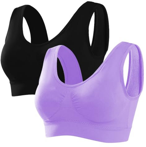 Memoryee Sports Bras Women 2 Pack Set Plus Size for Large Breasts Non Wired Inserts Washable Padded Push Up Multipack Vest Crop Top for Yoga Running Jogging Gym Black+Purple 5XL