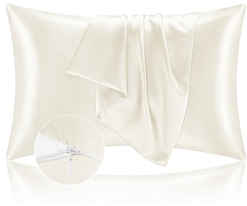 Federe Cuscino Letto 50x80 in Raso - Federa Setoso Proteggere Pelle e Capelli - OEKO-TEX - Super Morbida e Ipoallergenico - Federa 2 Pezzi con Cerniera Beige