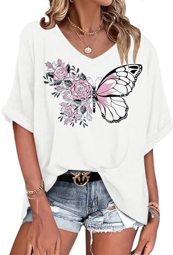 WNEEDU Tee Shirt Oversize Femme Col V été Haut Femme Manches Courtes | Chemisier Top été Décontractée Léger et Aéré