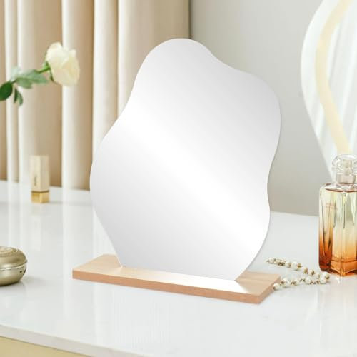 SAVOSWEET Aesthetic Spiegel, Acryl Schminkspiegel Rahmenlose, Unregelmäßiger Spiegel, Asymmetrisch Spiegel, Klein mit Holzsockel Kosmetik Tischspiegel für Bad Büro Schlafzimmer Deko Aesthetic (Wolke)